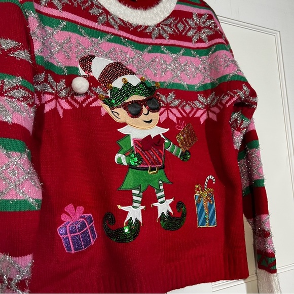 Blizzard Bay Womens Christmas Elf Sweater Snowflakes Red Silver Green Size Small - Picture 3 of 8